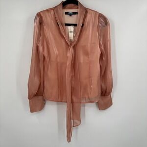 Eva Franco Anthropologie Rosetta Shimmer Blouse Womens Small Pink Sheer Tie Neck